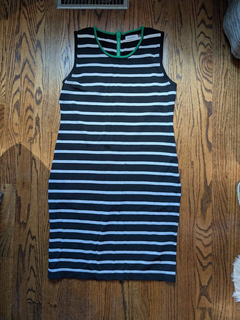 Calvin Klein Black & White Striped Sleeveless Dress with Green Trim